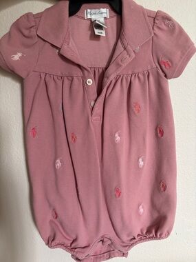 Ralph Lauren Pink Polo Baby Romper with Pony Embroidery
